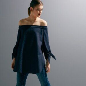 Tibi Denim Off The Shoulder Tie Wrist Blouse
